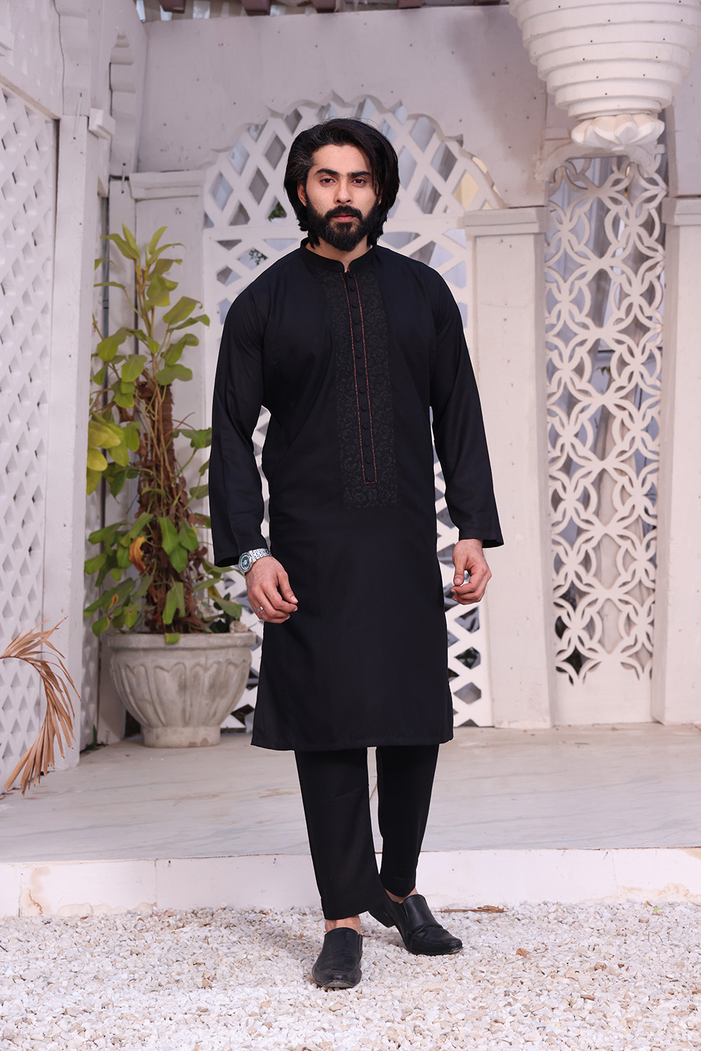 Black Embroidered Cotton Kurta (2-Piece) - Image 1