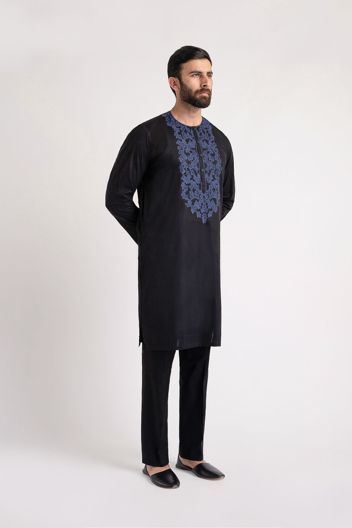 Black Embroidered Cotton Kurta (2-Piece) - Image 1