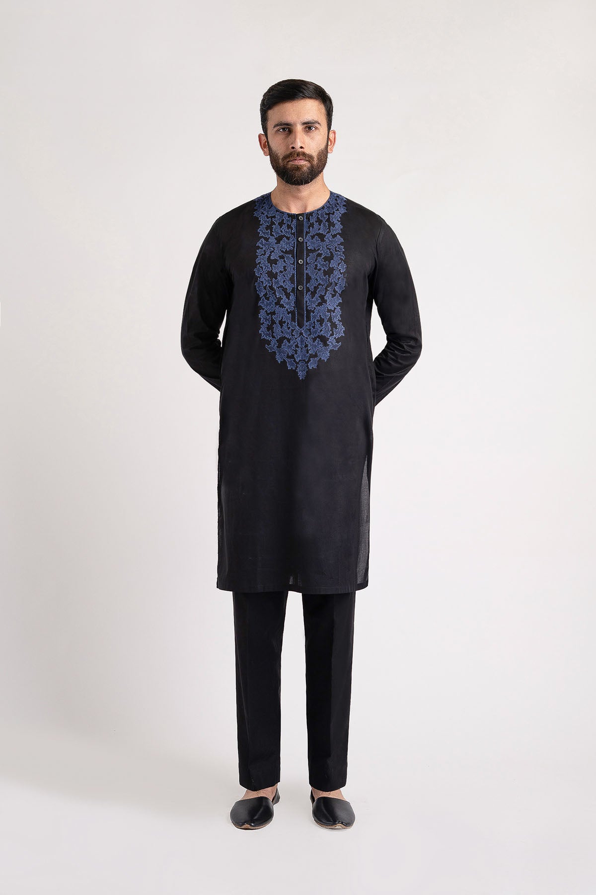 Black Embroidered Cotton Kurta (2-Piece) - Image 3