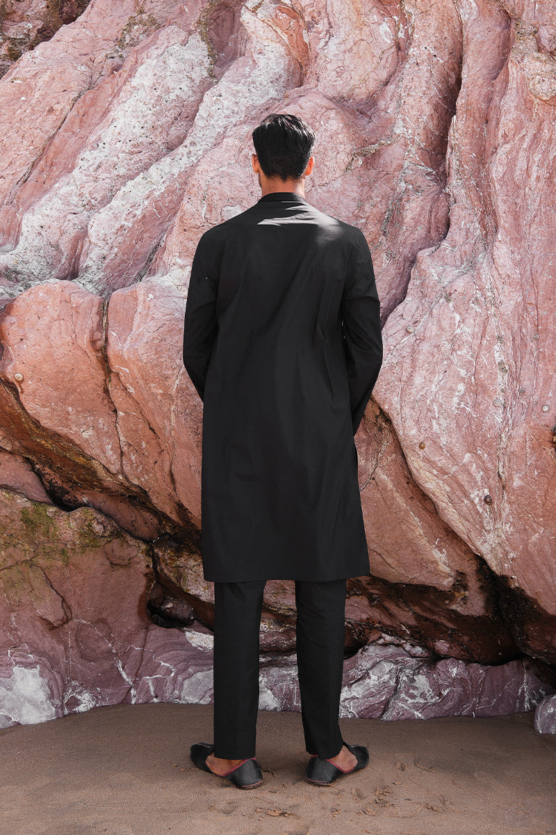 Black Embroidered Cotton Kurta Pajama Set (2-Piece) - Image 6