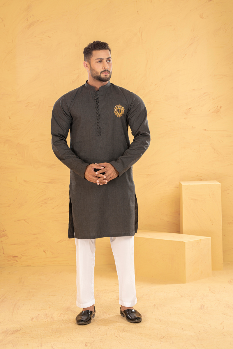 Black Gold Crest Embroidered Cotton Kurta (2-Piece) - Image 1