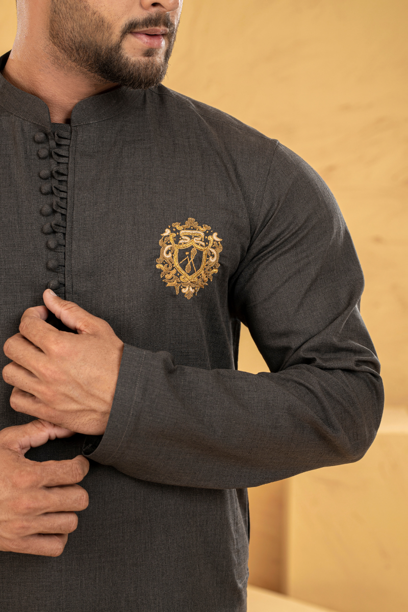 Black Gold Crest Embroidered Cotton Kurta (2-Piece) - Image 2