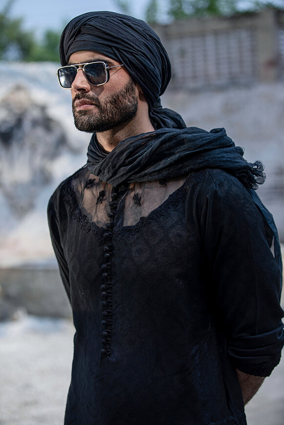 Black Dori Embroidered Cotton Khaddi Kurta (2-Piece) - Image 2