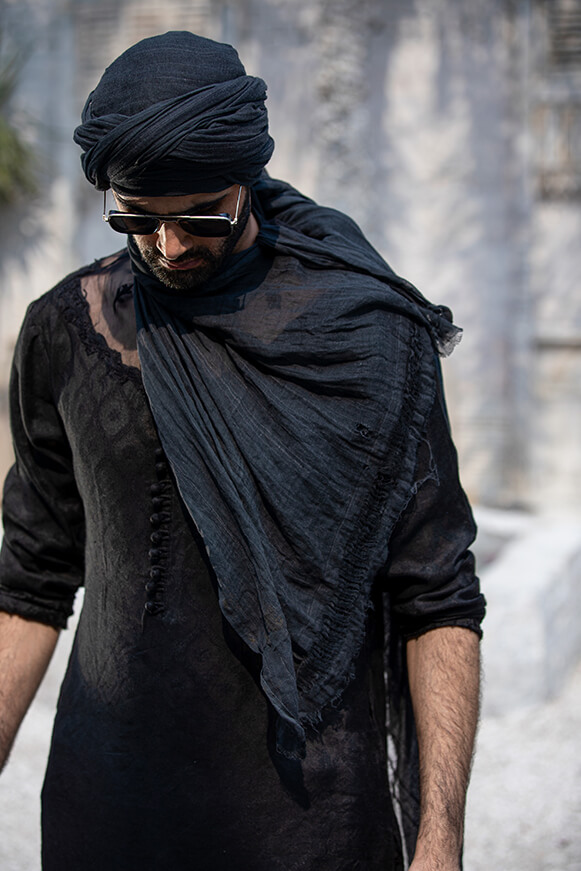 Black Dori Embroidered Cotton Khaddi Kurta (2-Piece) - Image 9