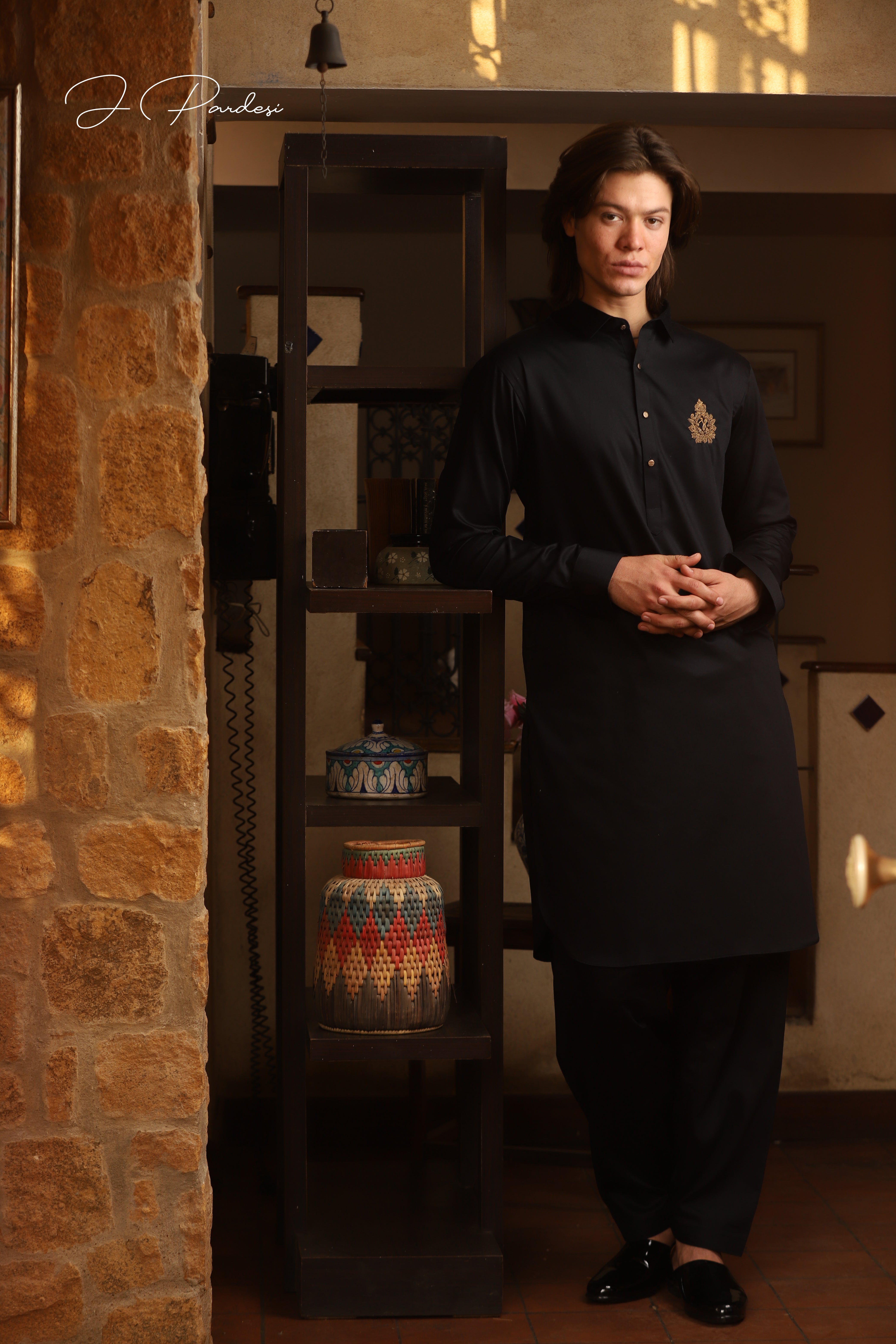 Black Hand Embroidered Cotton Kurta Pajama (2-Piece) - Image 1