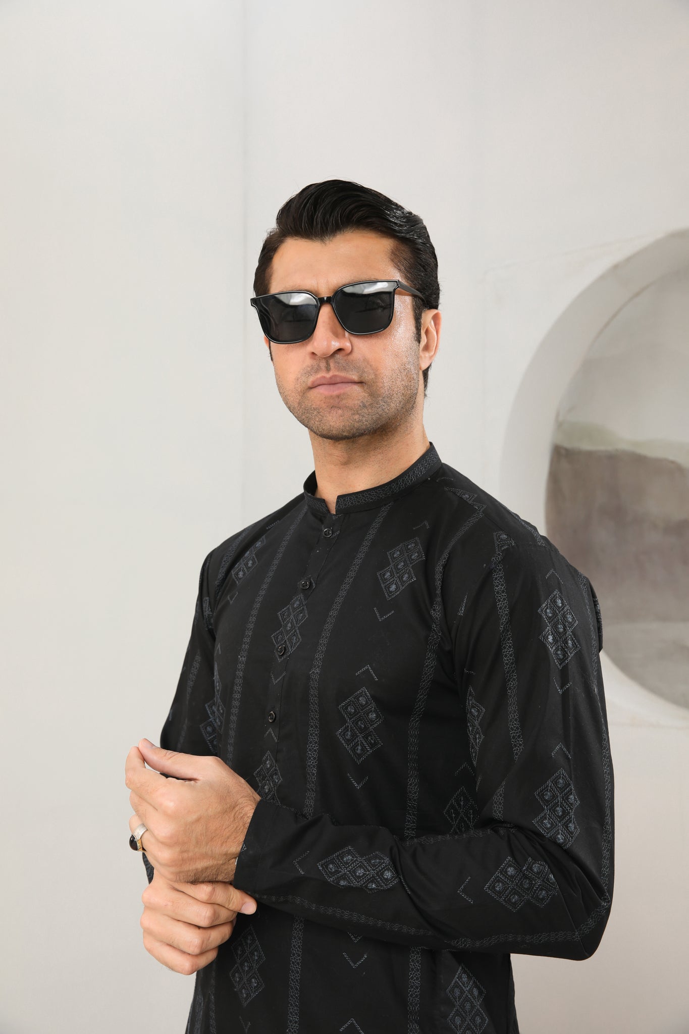 Black Schiffli Embroidered Cotton Kurta Trouser (2-Piece) - Image 2