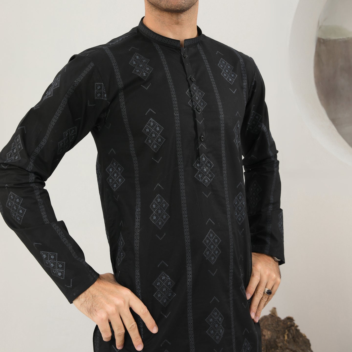 Black Schiffli Embroidered Cotton Kurta Trouser (2-Piece) - Image 3