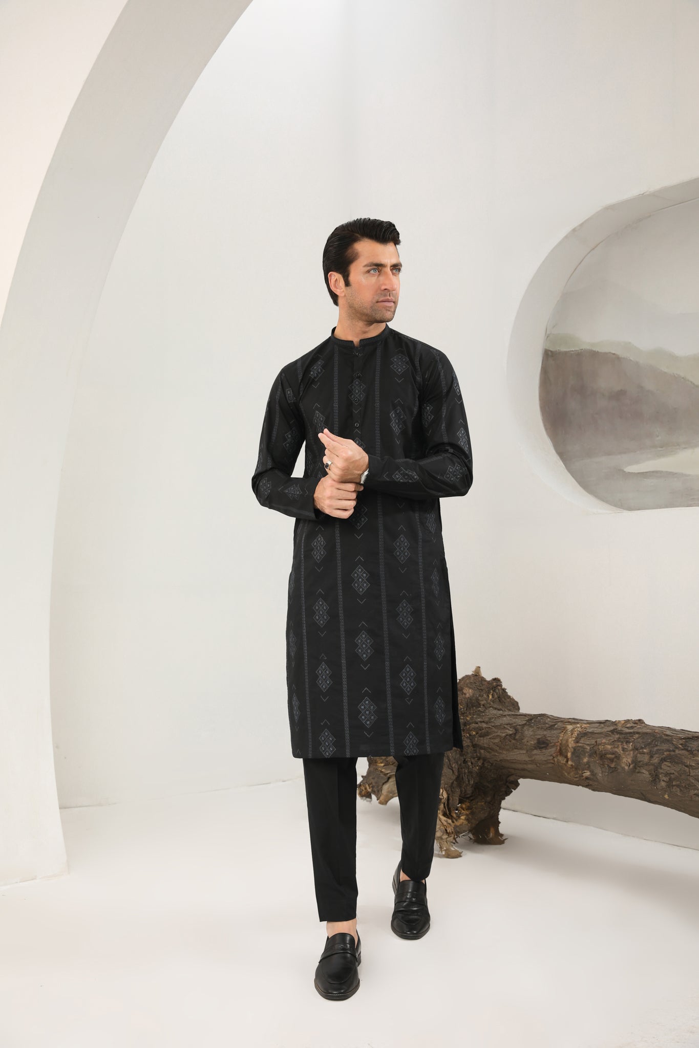 Black Schiffli Embroidered Cotton Kurta Trouser (2-Piece) - Image 5