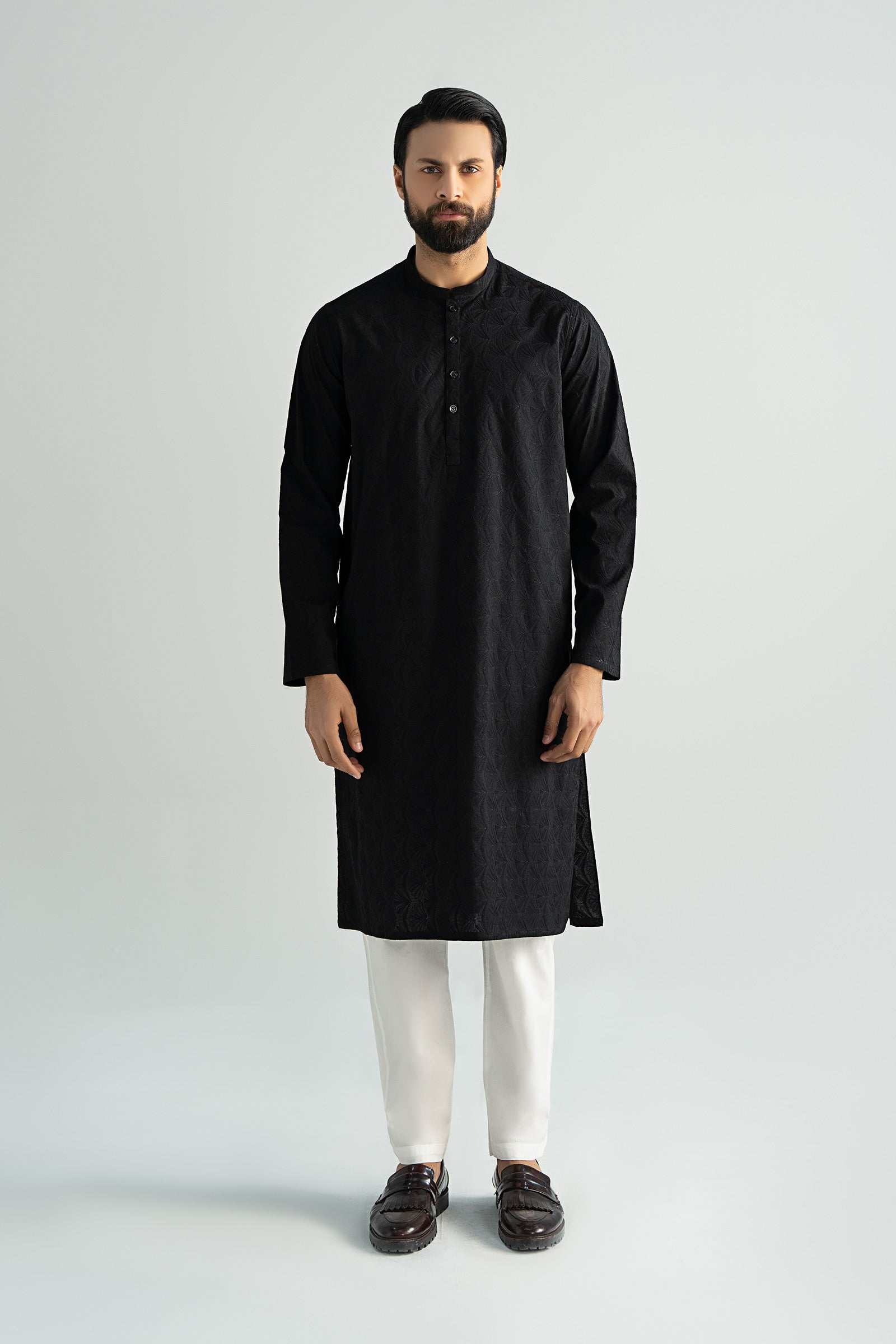 Black Schiffli Embroidered Cotton Kurta (2-Piece) - Image 1