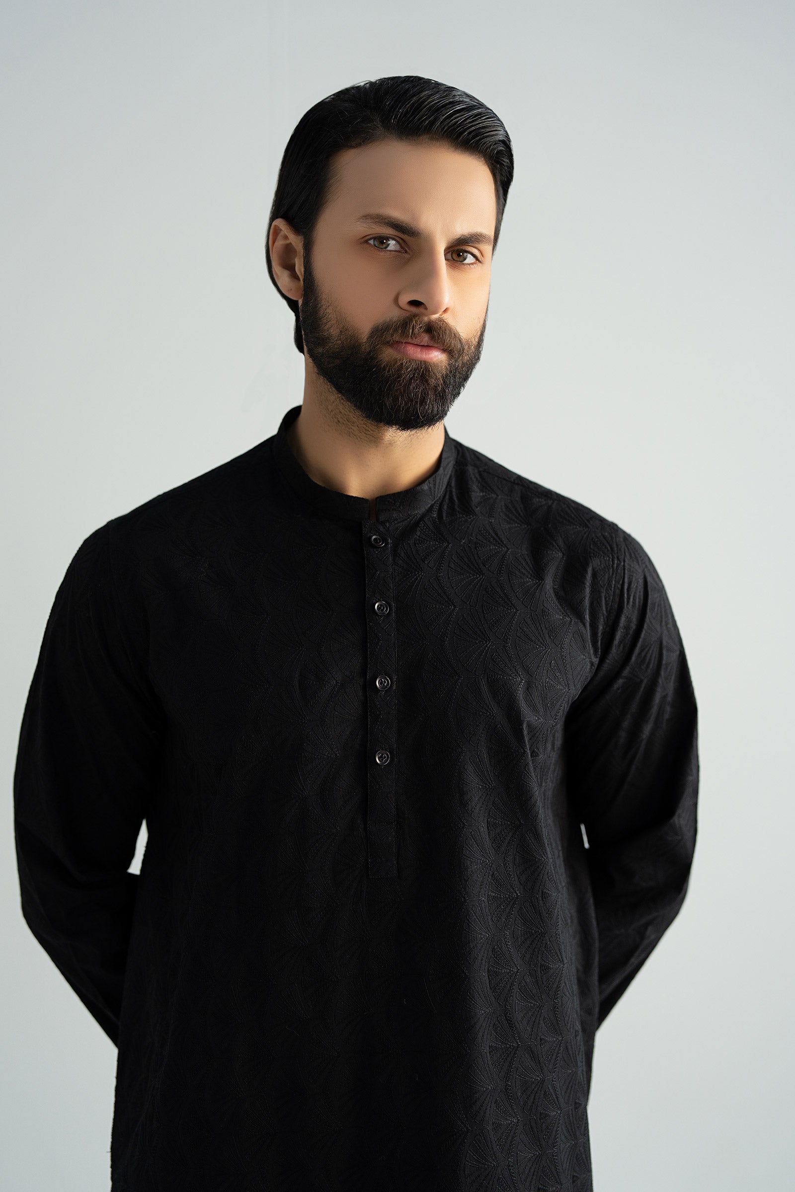 Black Schiffli Embroidered Cotton Kurta (2-Piece) - Image 2