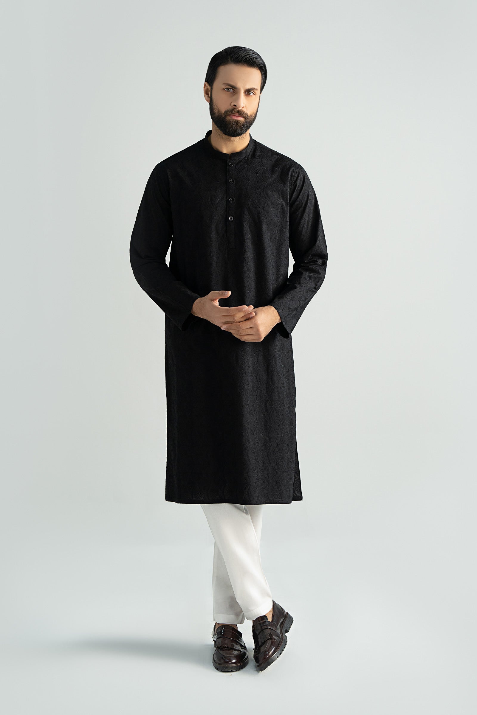 Black Schiffli Embroidered Cotton Kurta (2-Piece) - Image 3