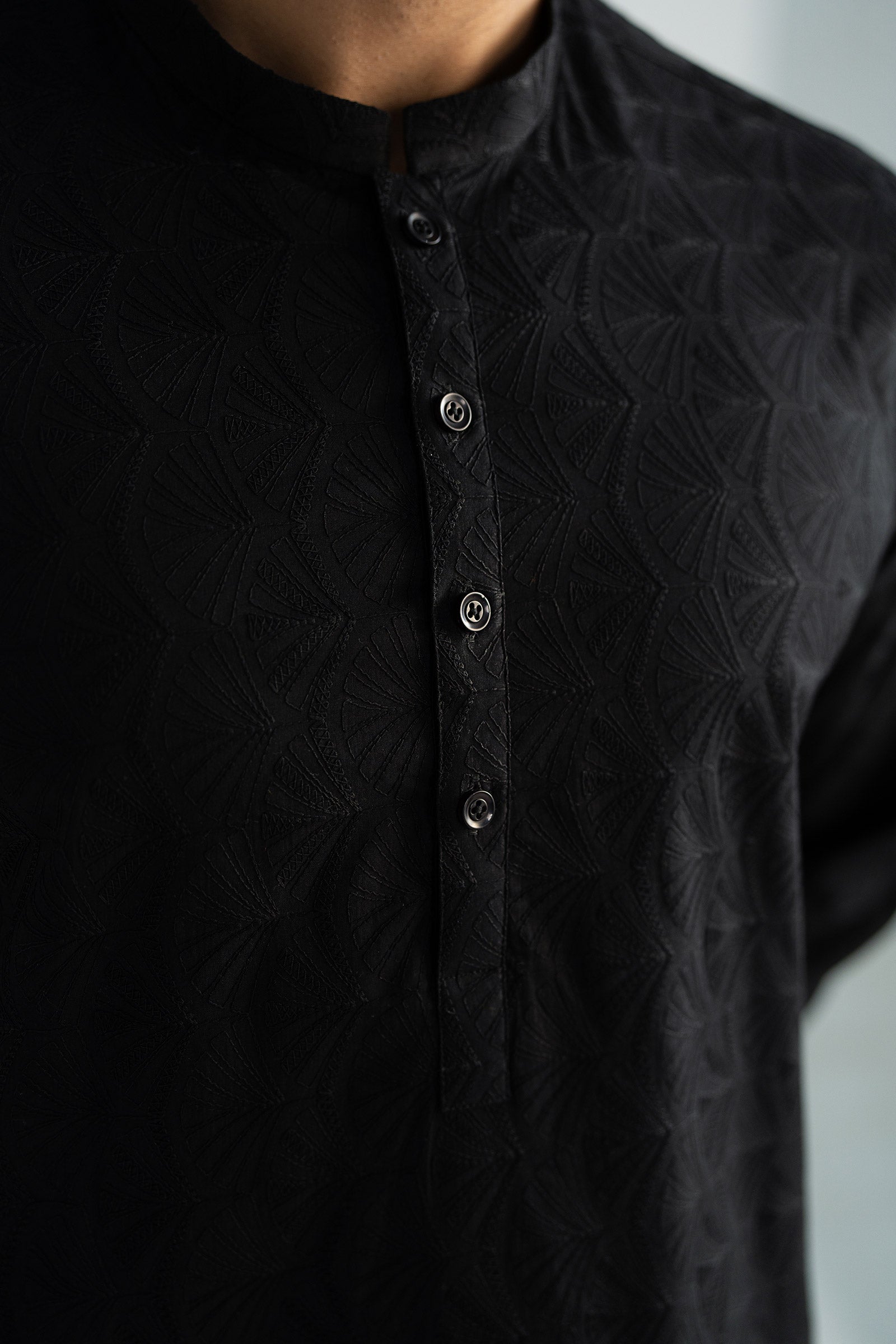 Black Schiffli Embroidered Cotton Kurta (2-Piece) - Image 4