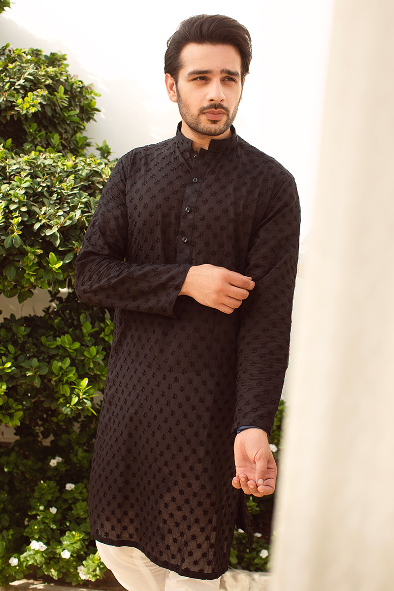 Black Schiffli Cotton Kurta Set (2-Piece) - Image 1