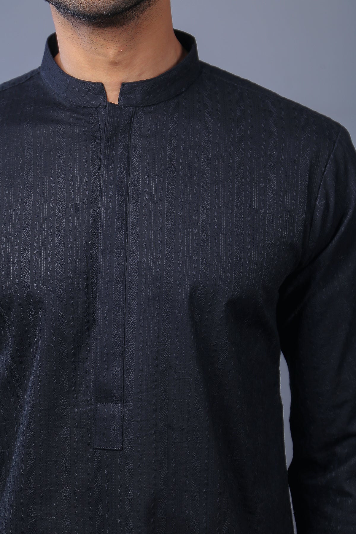 Black Schiffli Embroidered Cotton Kurta (2-Piece) - Image 3