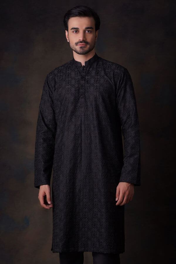 Black Chikan Embroidered Cotton-Silk Kurta Pyjama (2-Piece) - Image 1