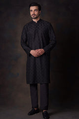 Black Chikan Embroidered Cotton-Silk Kurta Pyjama (2-Piece) - Image 3