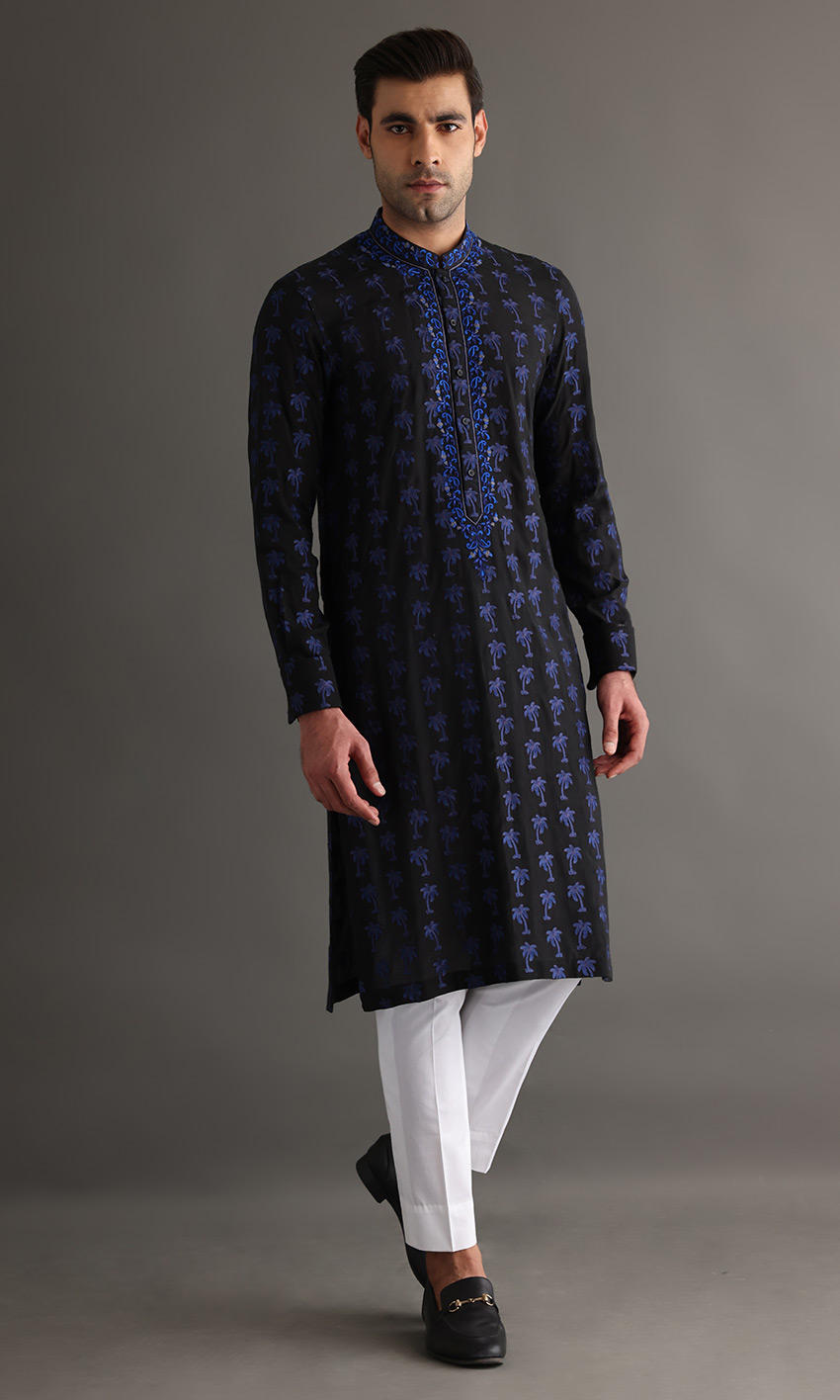 Black and Blue Embroidered Cotton-Silk Kurta (2-Piece) - Image 1