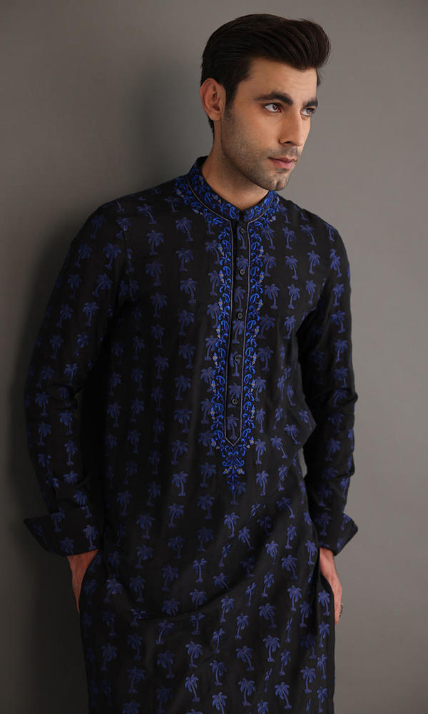 Black and Blue Embroidered Cotton-Silk Kurta (2-Piece) - Image 3