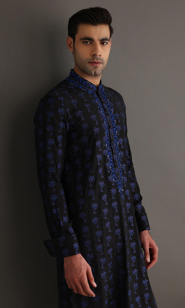 Black and Blue Embroidered Cotton-Silk Kurta (2-Piece) - Image 4