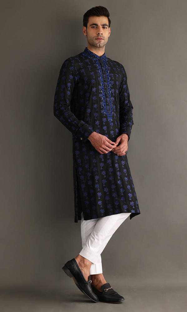 Black and Blue Embroidered Cotton-Silk Kurta (2-Piece) - Image 5