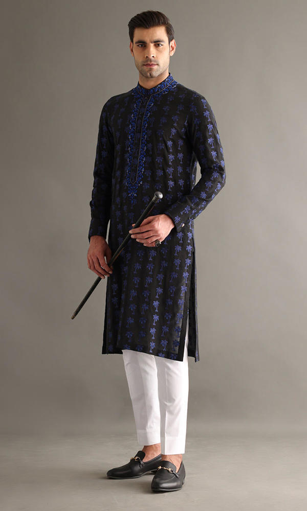 Black and Blue Embroidered Cotton-Silk Kurta (2-Piece) - Image 6