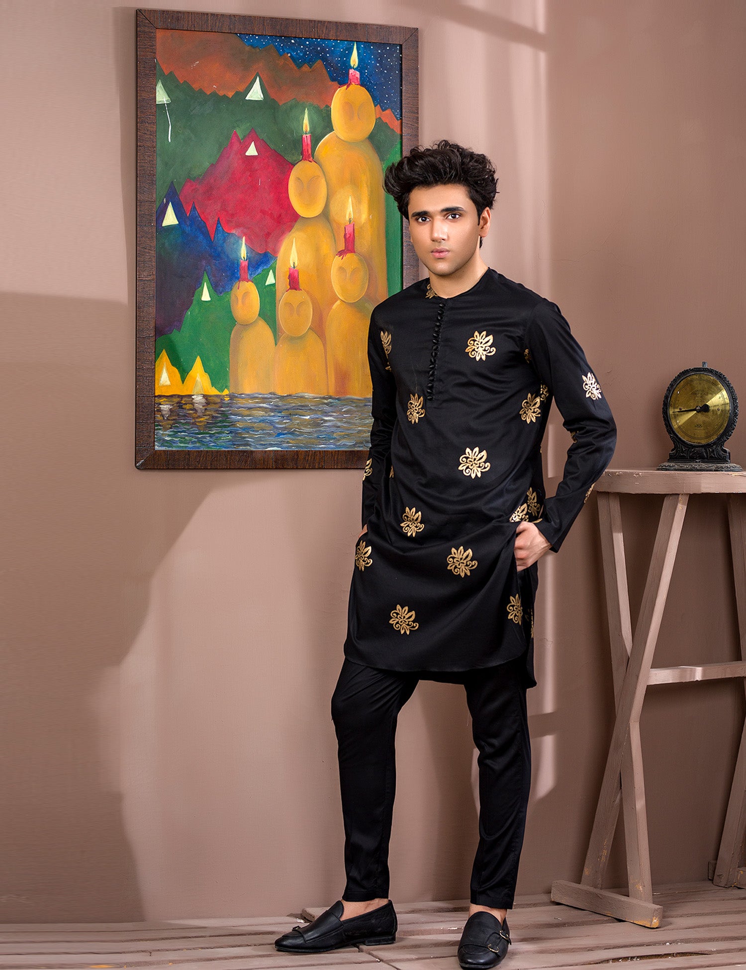 Black Gold Block Print Cotton Kurta Set (2-Piece) - Image 1