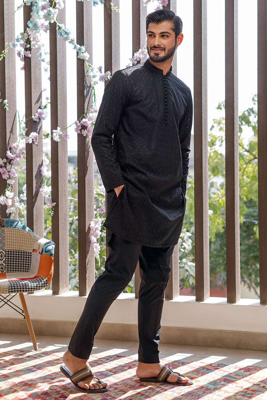 Black Embroidered Cotton Kurta Set (2-Piece) - Image 1