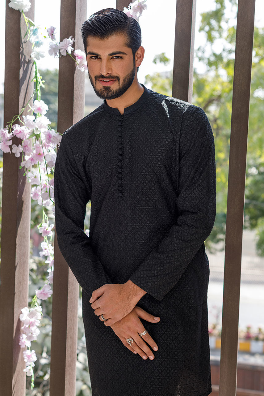 Black Embroidered Cotton Kurta Set (2-Piece) - Image 2