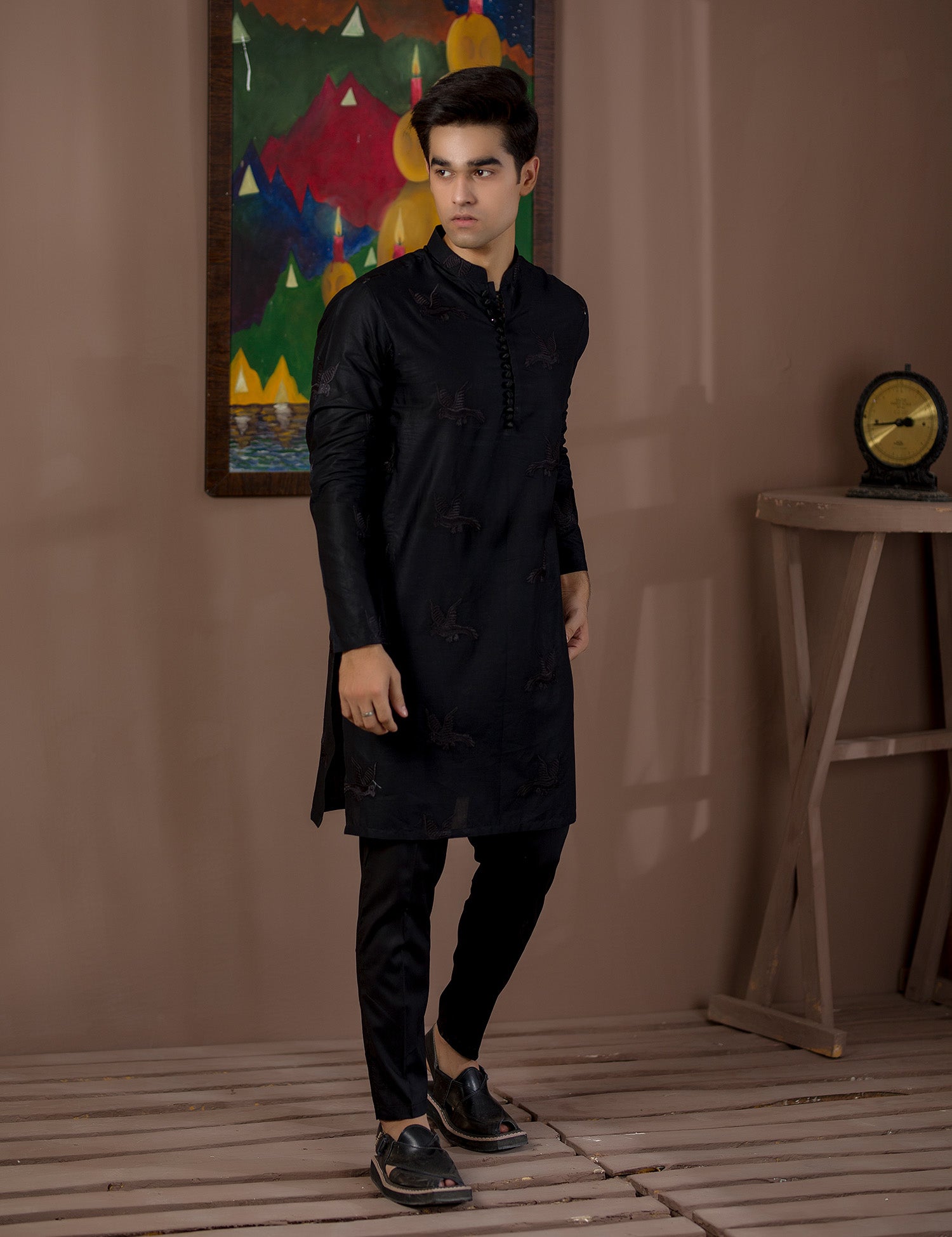 Black Embroidered Cotton Kurta Set (2-Piece) - Image 1