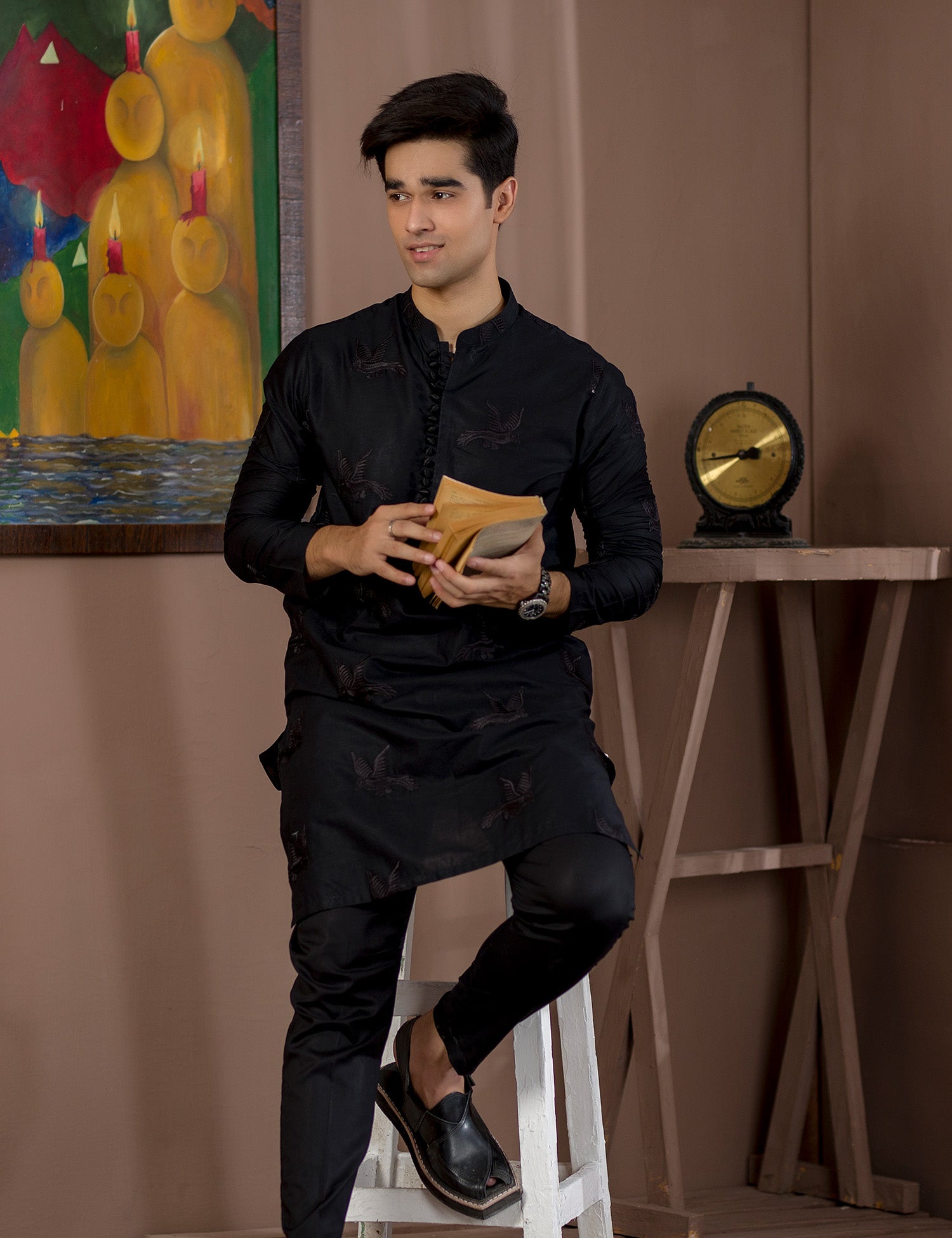 Black Embroidered Cotton Kurta Set (2-Piece) - Image 3