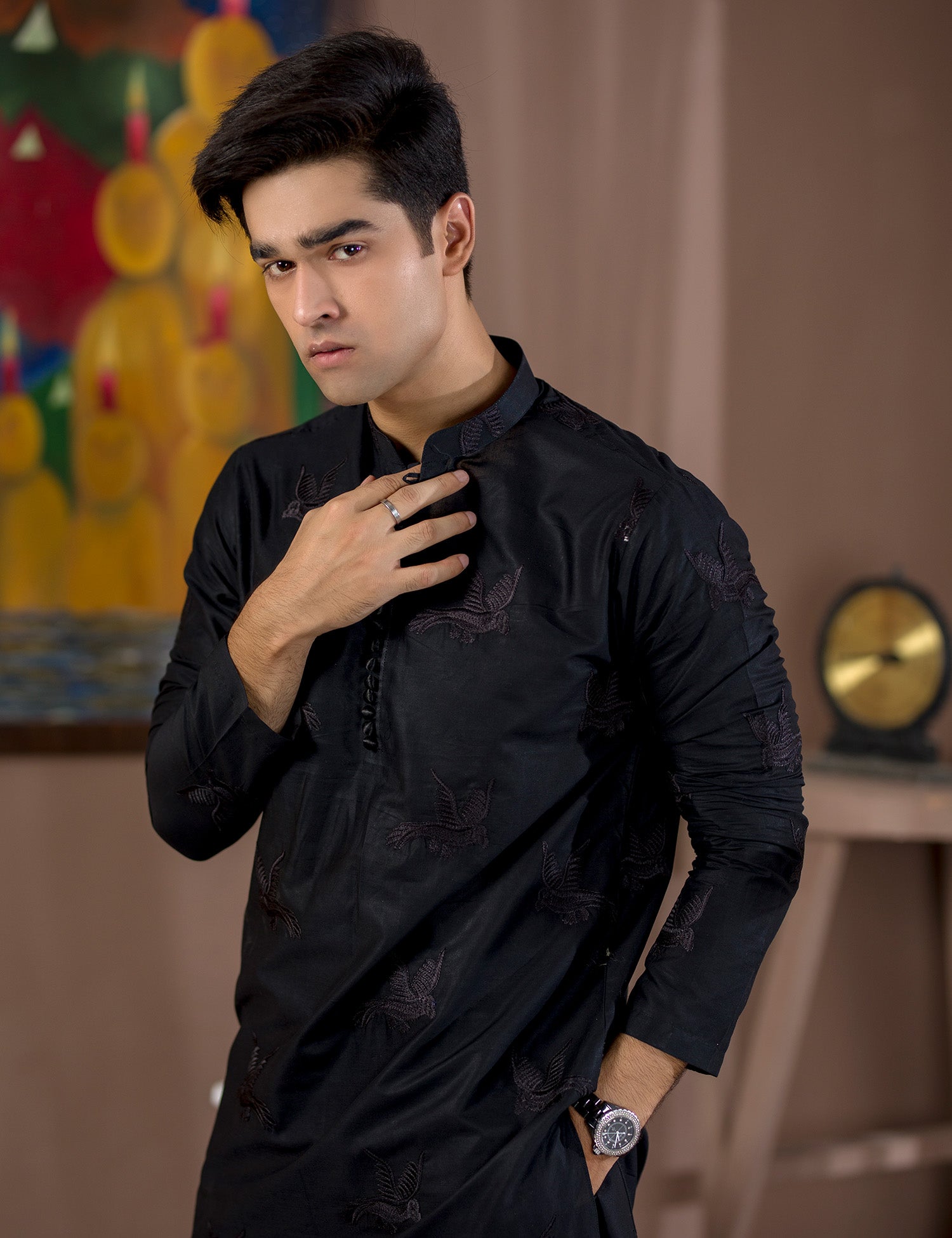 Black Embroidered Cotton Kurta Set (2-Piece) - Image 4