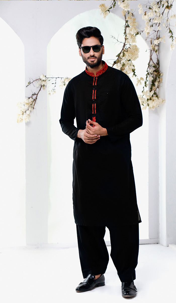 Black Embroidered Cotton Kurta (2-Piece) - Image 1