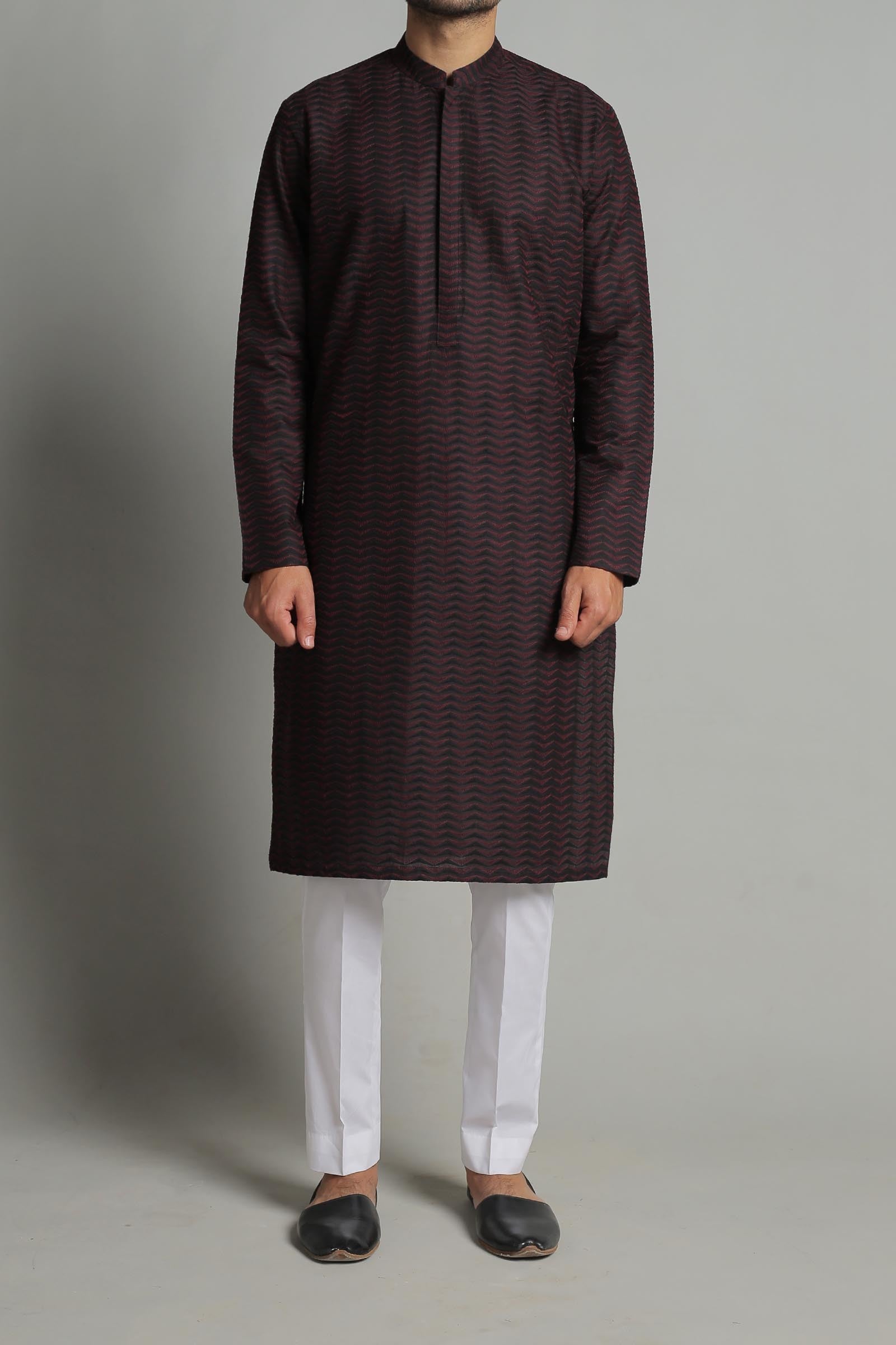 Black Maroon Embroidered Egyptian Cotton Kurta (2-Piece) - Image 1