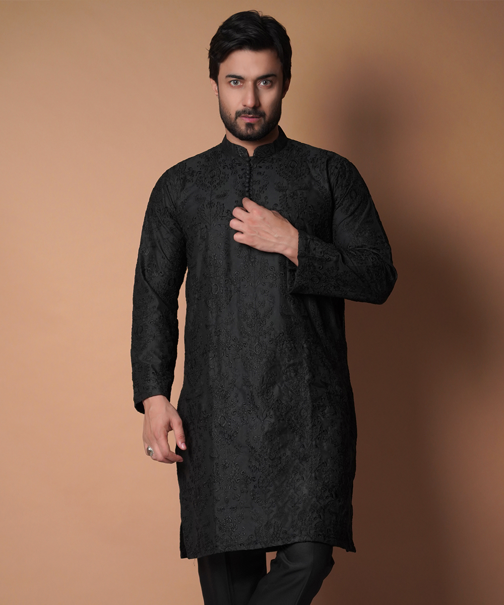 Matte Black Embroidered Cotton Kurta and Pants (2-Piece) - Image 1