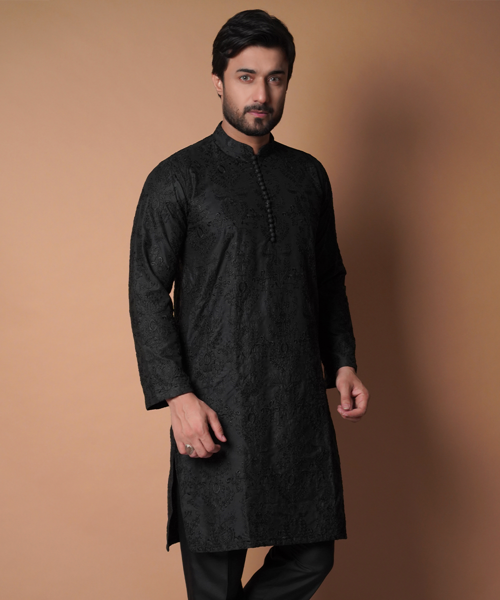 Matte Black Embroidered Cotton Kurta and Pants (2-Piece) - Image 2