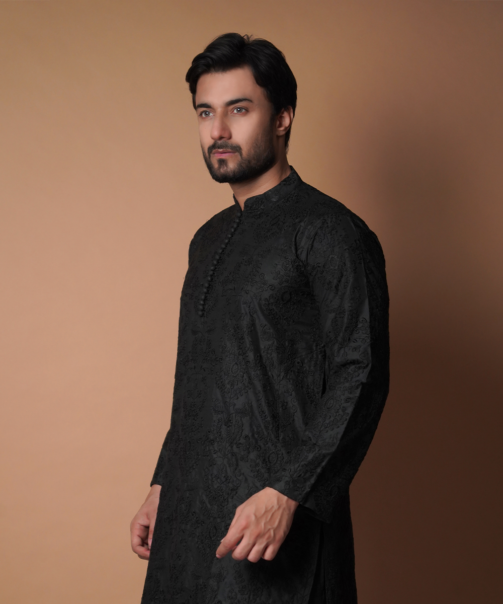 Matte Black Embroidered Cotton Kurta and Pants (2-Piece) - Image 3