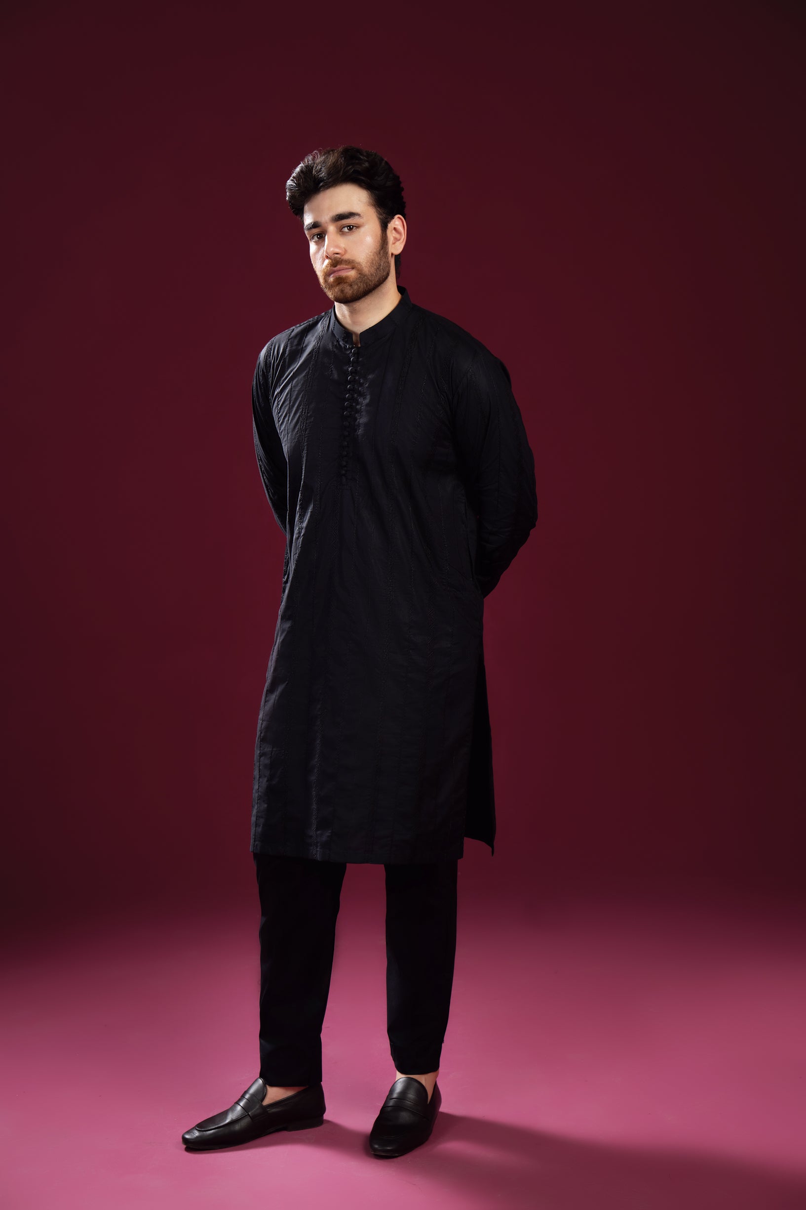 Black Embroidered Cotton Kurta Set (2-Piece) - Image 3
