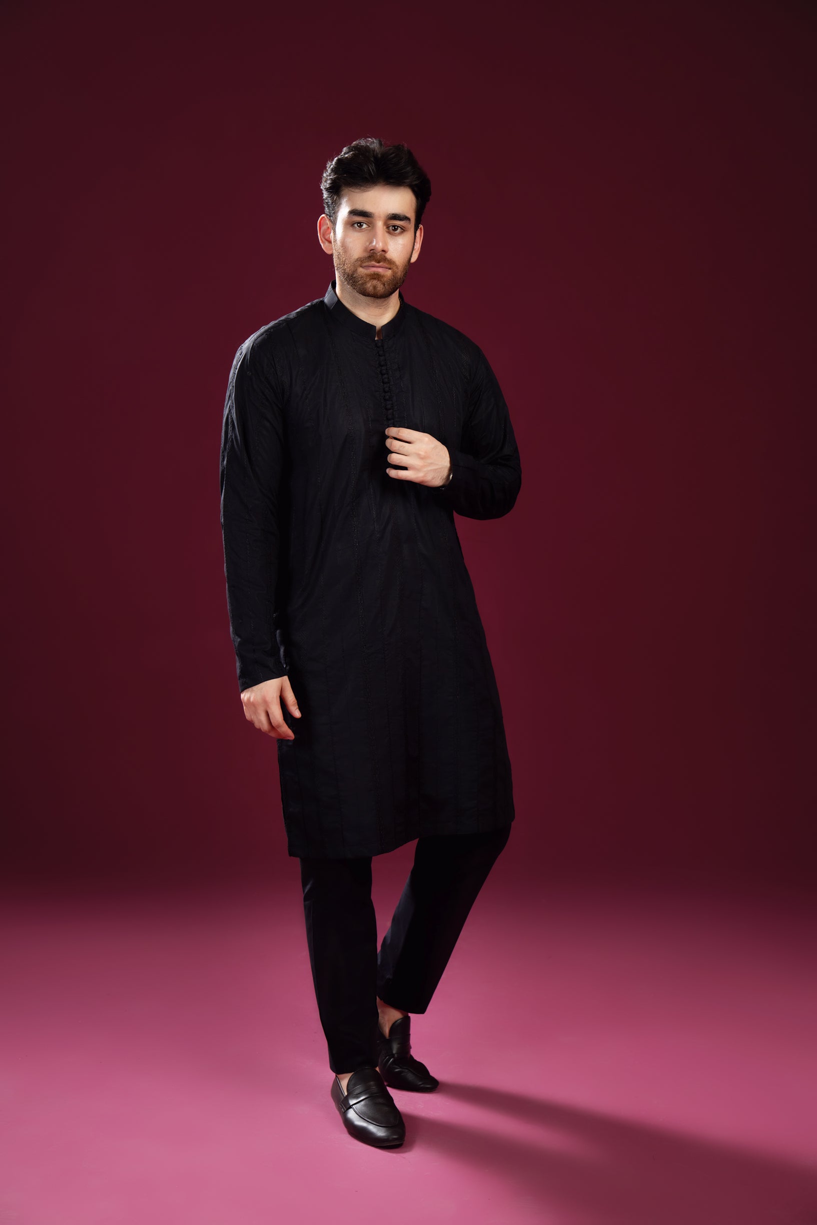 Black Embroidered Cotton Kurta Set (2-Piece) - Image 5