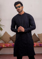 Black Embroidered Cotton Kurta Set (2-Piece) - Image 2