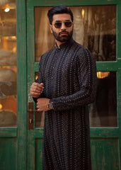 Black Embroidered Egypt Cotton Kurta Set (2-Piece) - Image 3