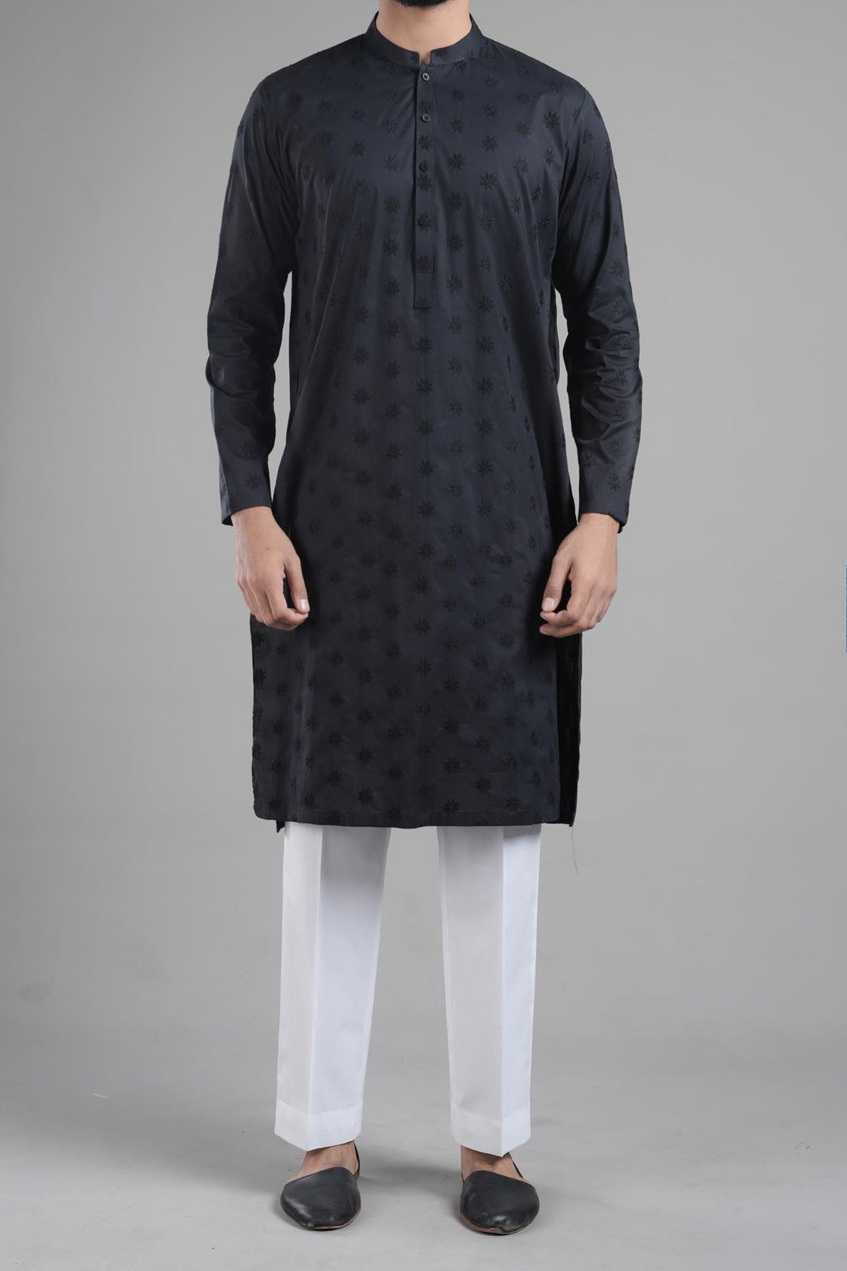 Black Embroidered Egyptian Cotton Kurta (1-Pc) - Image 1