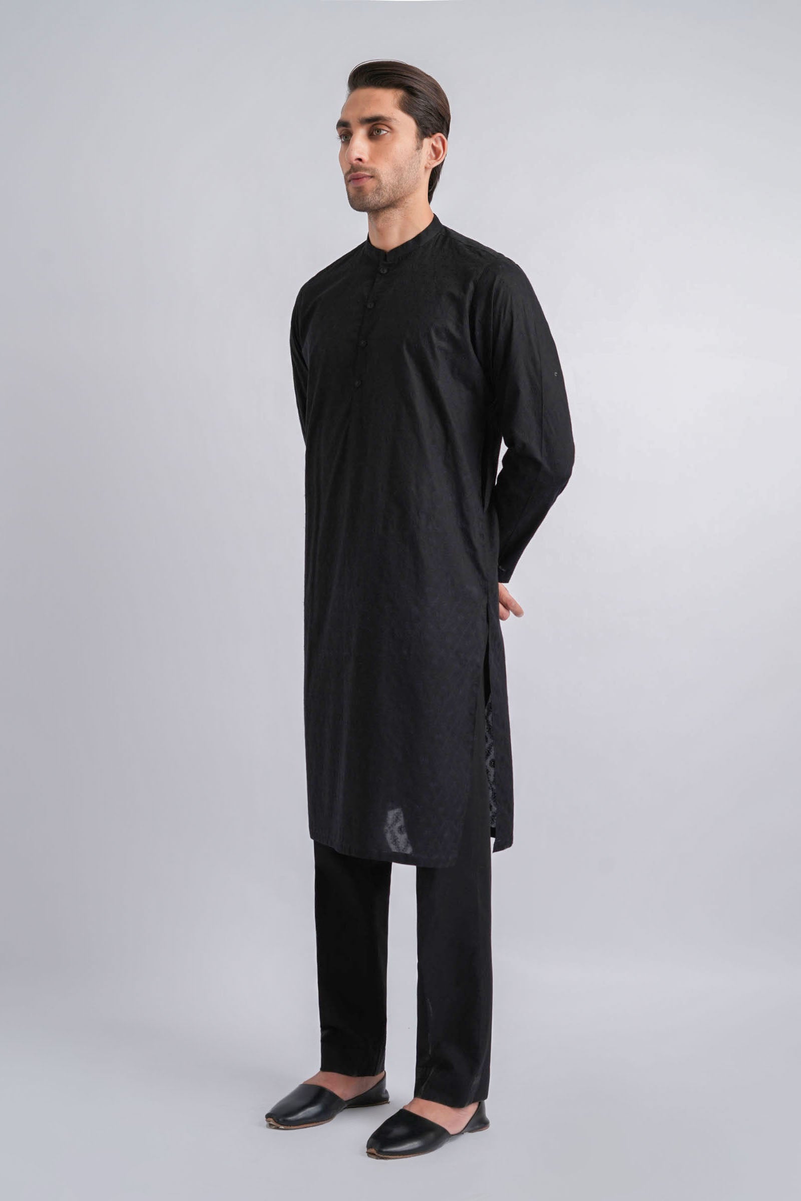 Black Embroidered Egyptian Cotton Kurta (2-Piece) - Image 1