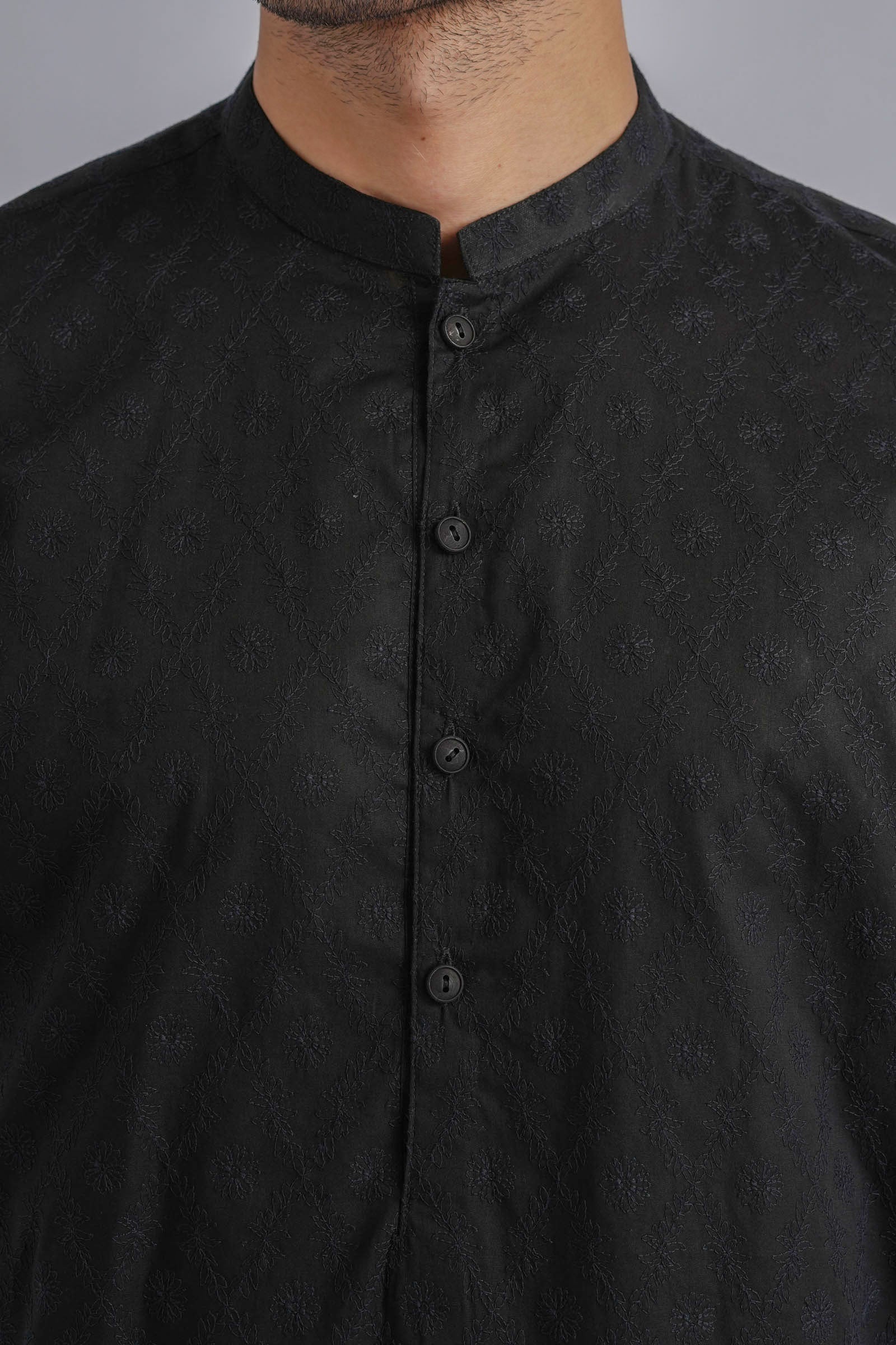 Black Embroidered Egyptian Cotton Kurta (2-Piece) - Image 2