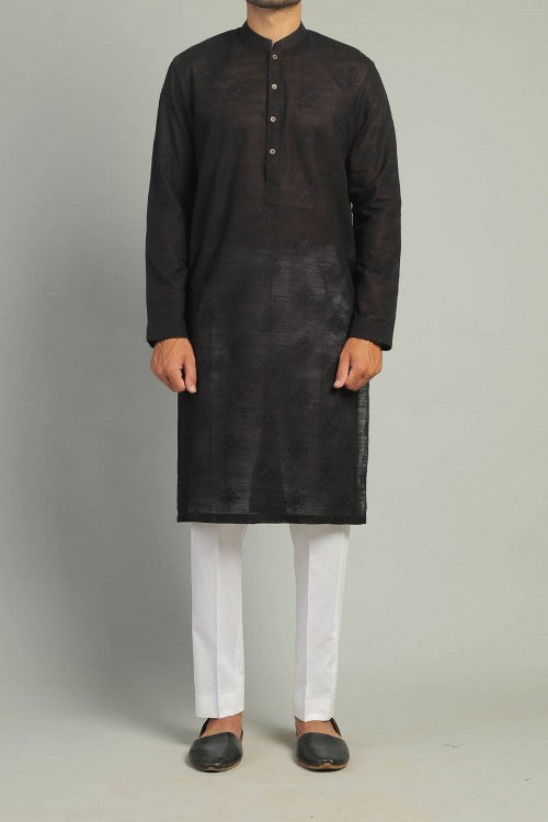 Black Embroidered Egyptian Cotton Kurta (2-Piece) - Image 1