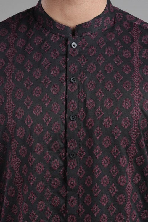 Black Egyptian Cotton Embroidered Kurta (1-Pc) - Image 1