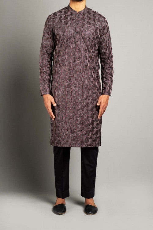 Black Embroidered Egyptian Cotton Kurta (2-Piece) - Image 1