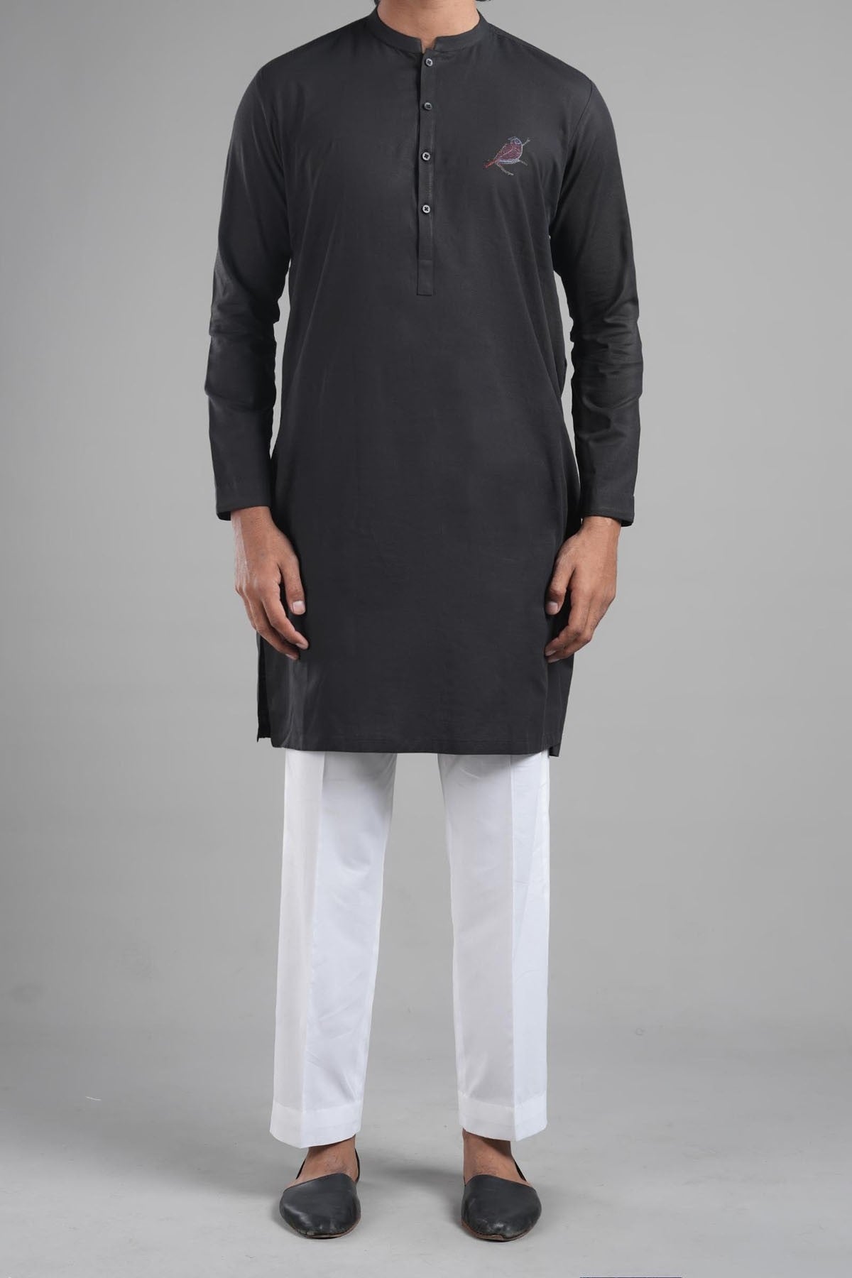 Black Embroidered Egyptian Cotton Kurta (1-Pc) - Image 2
