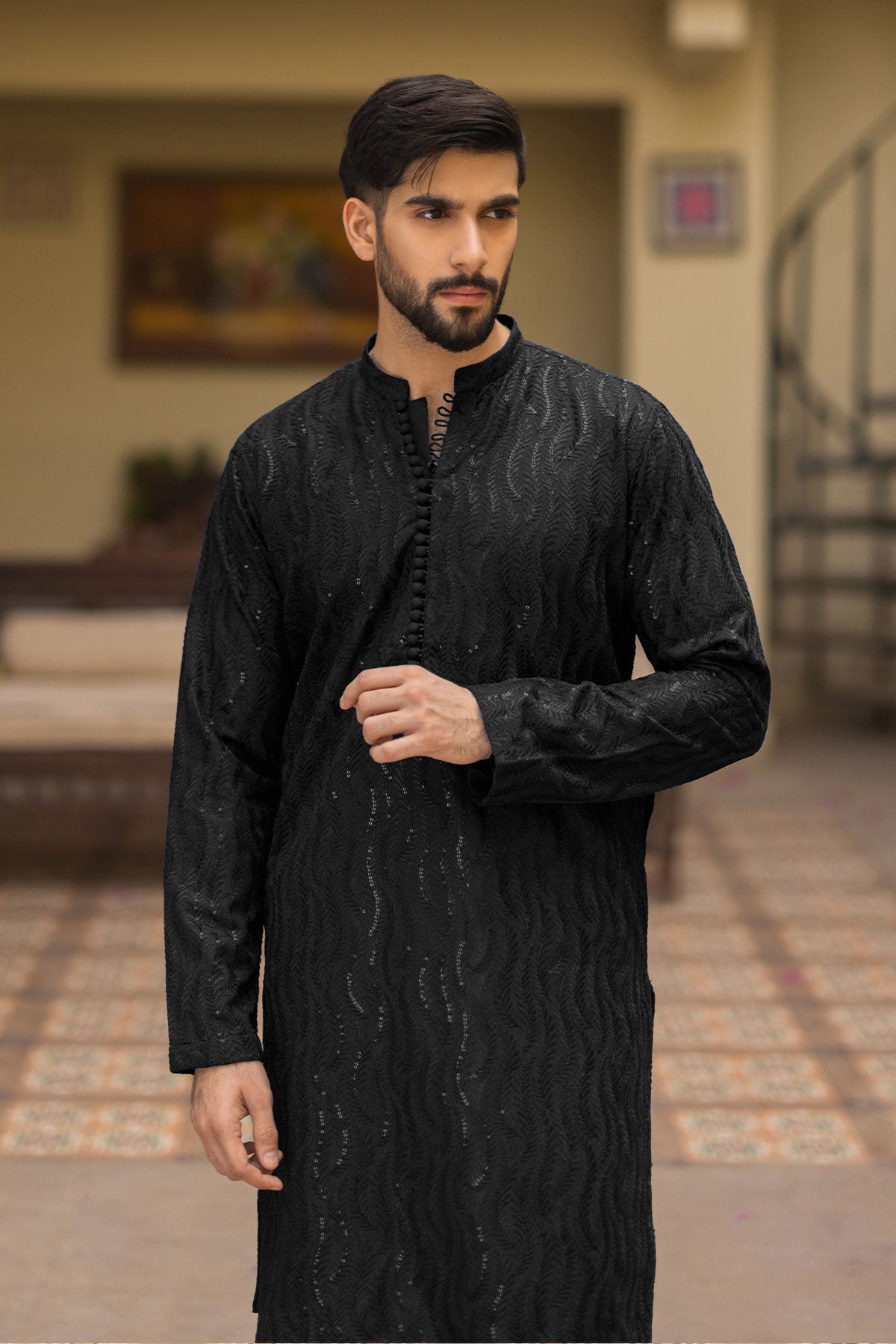 Black Embroidered Kurta Pajama Set (2-Piece) - Image 2