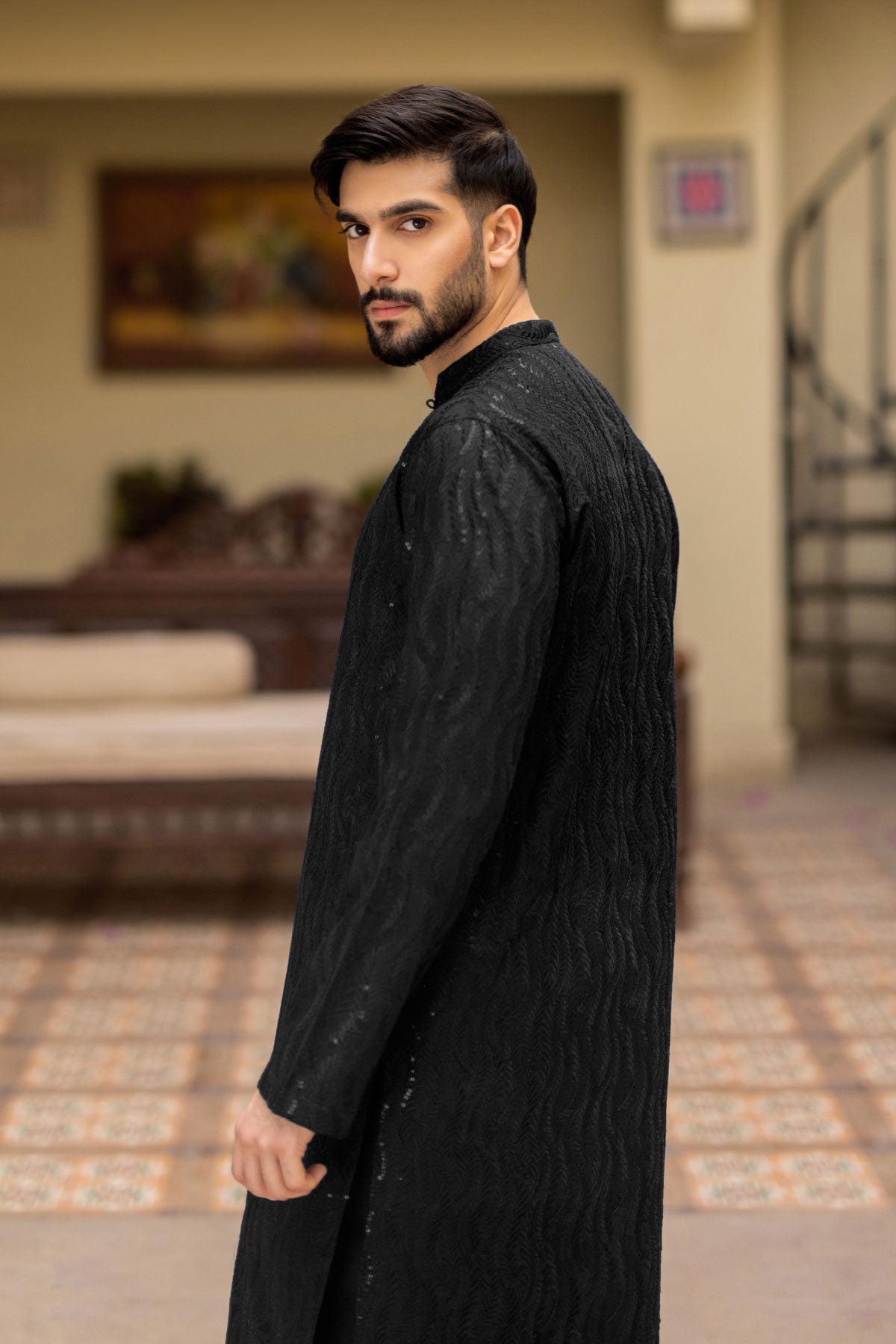 Black Embroidered Kurta Pajama Set (2-Piece) - Image 3
