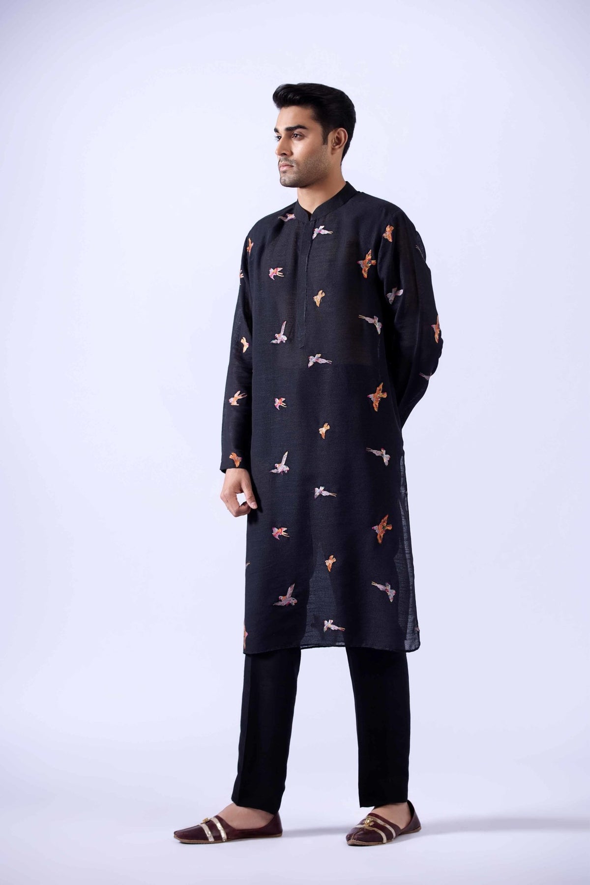 Black Embroidered Karandi Kurta with Silk Pants (2-Piece) - Image 1